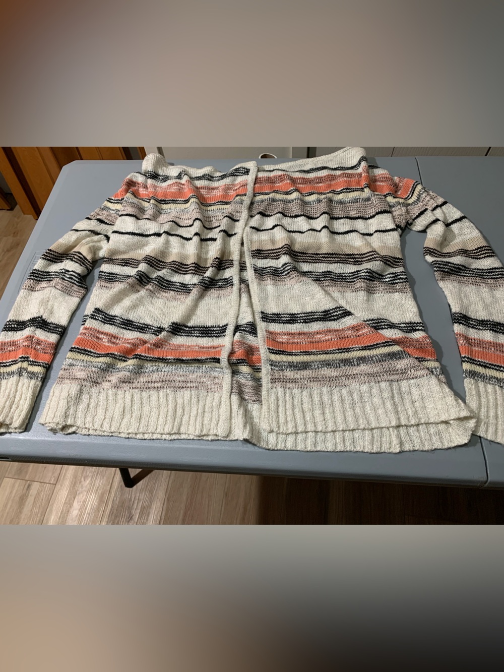 AB Studio Ivory Open-Front Striped Sweater Cardigan with Coral and Black Accents